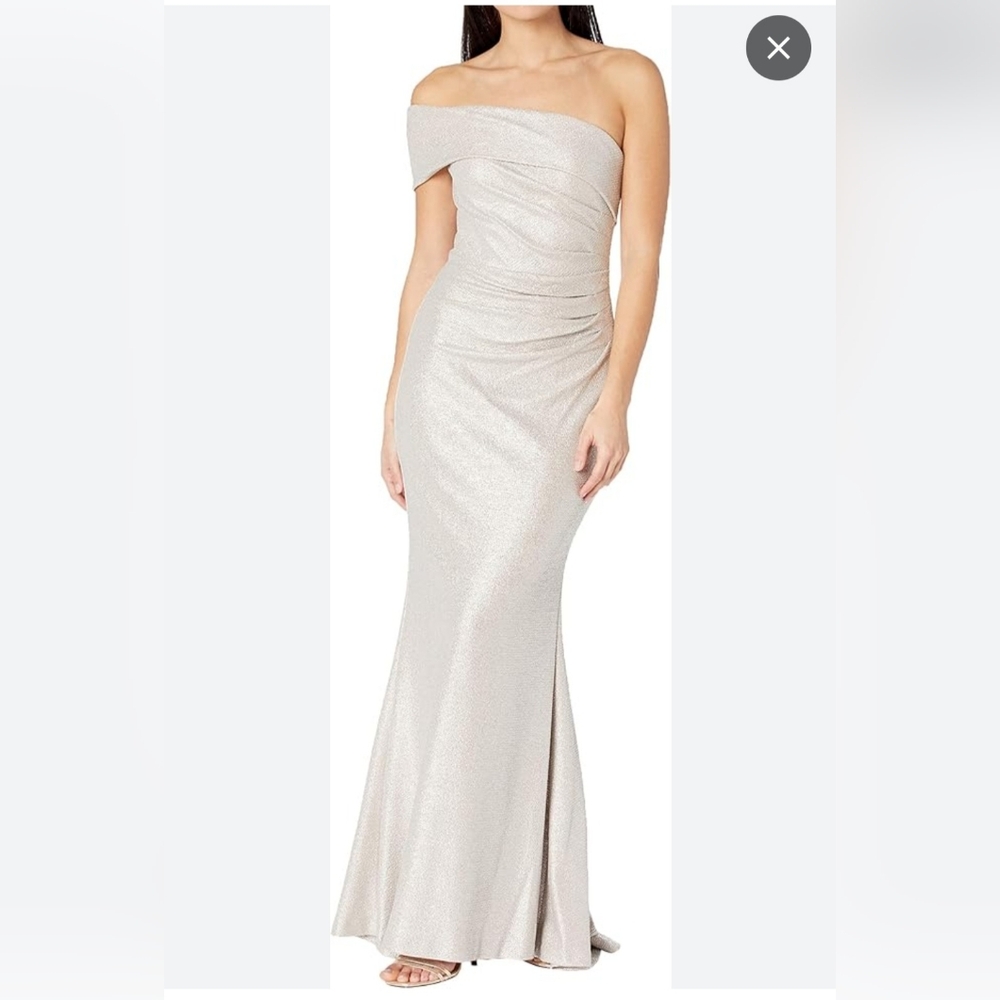 Eliza J One-Shoulder Shimmery Cream Maxi Dress